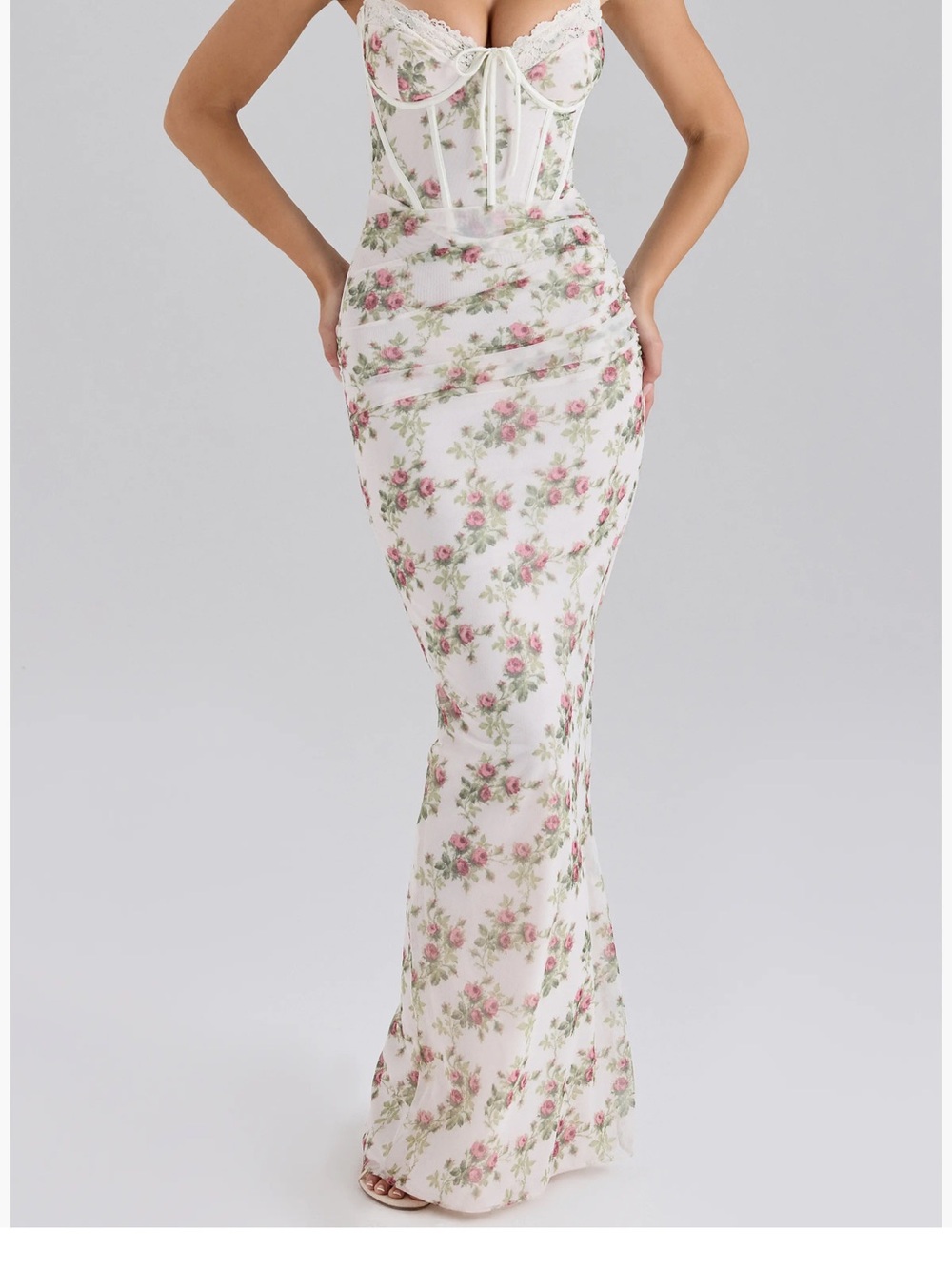 House of CB White Maxi Dress with Pink Rose Print
